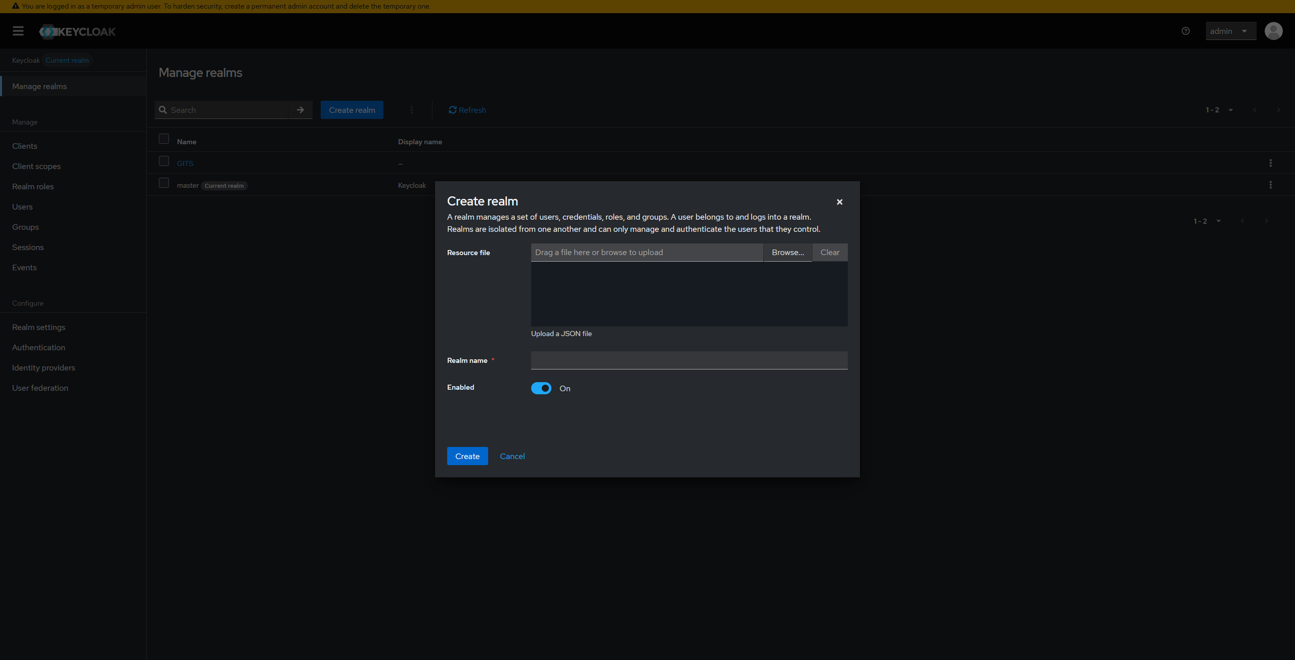 Keycloak create realm page
