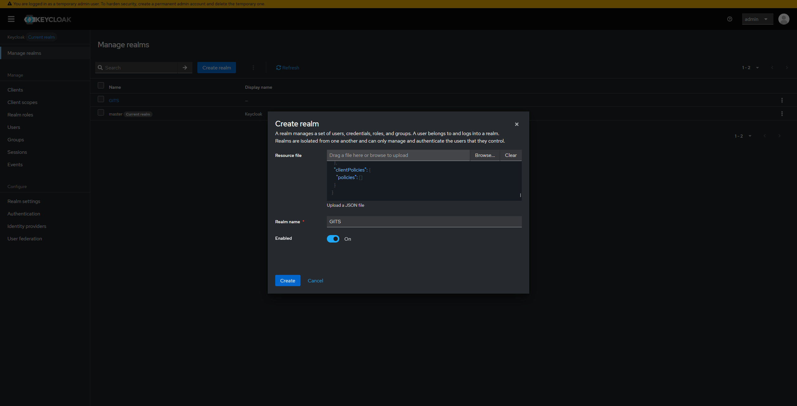 Keycloak import realm page
