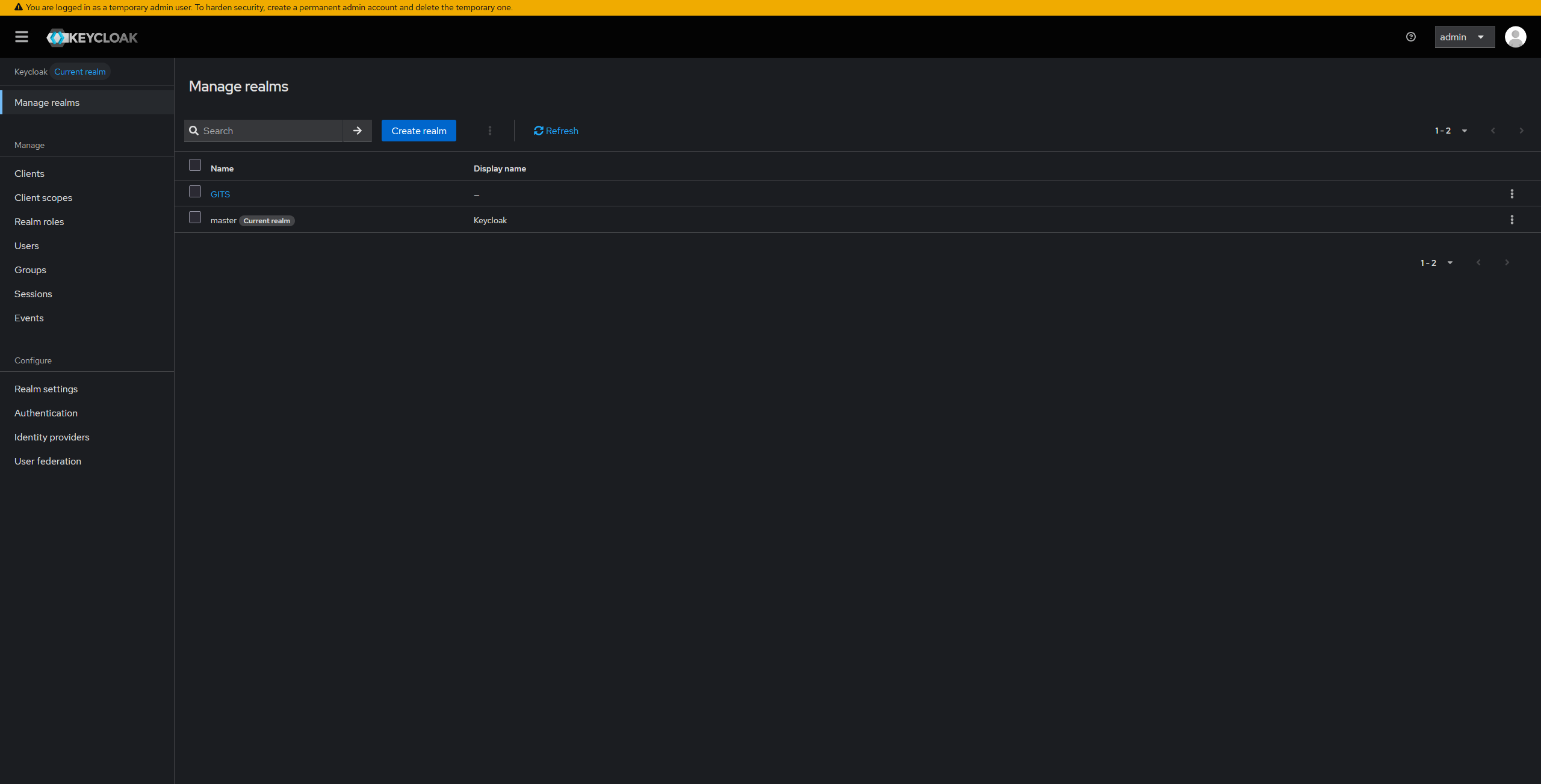 Keycloak create realm page