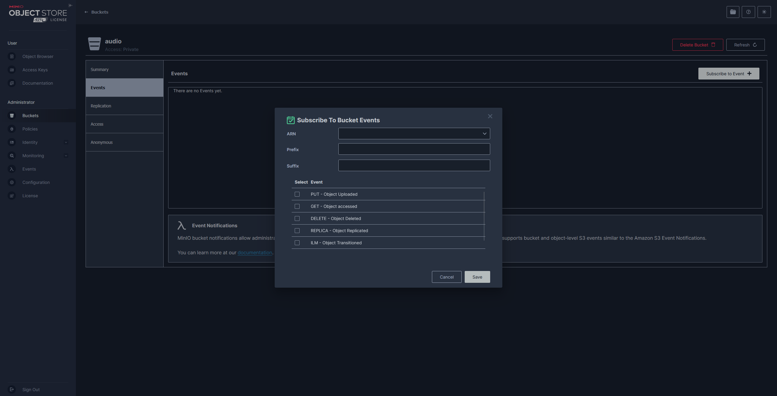 Minio event subscription page