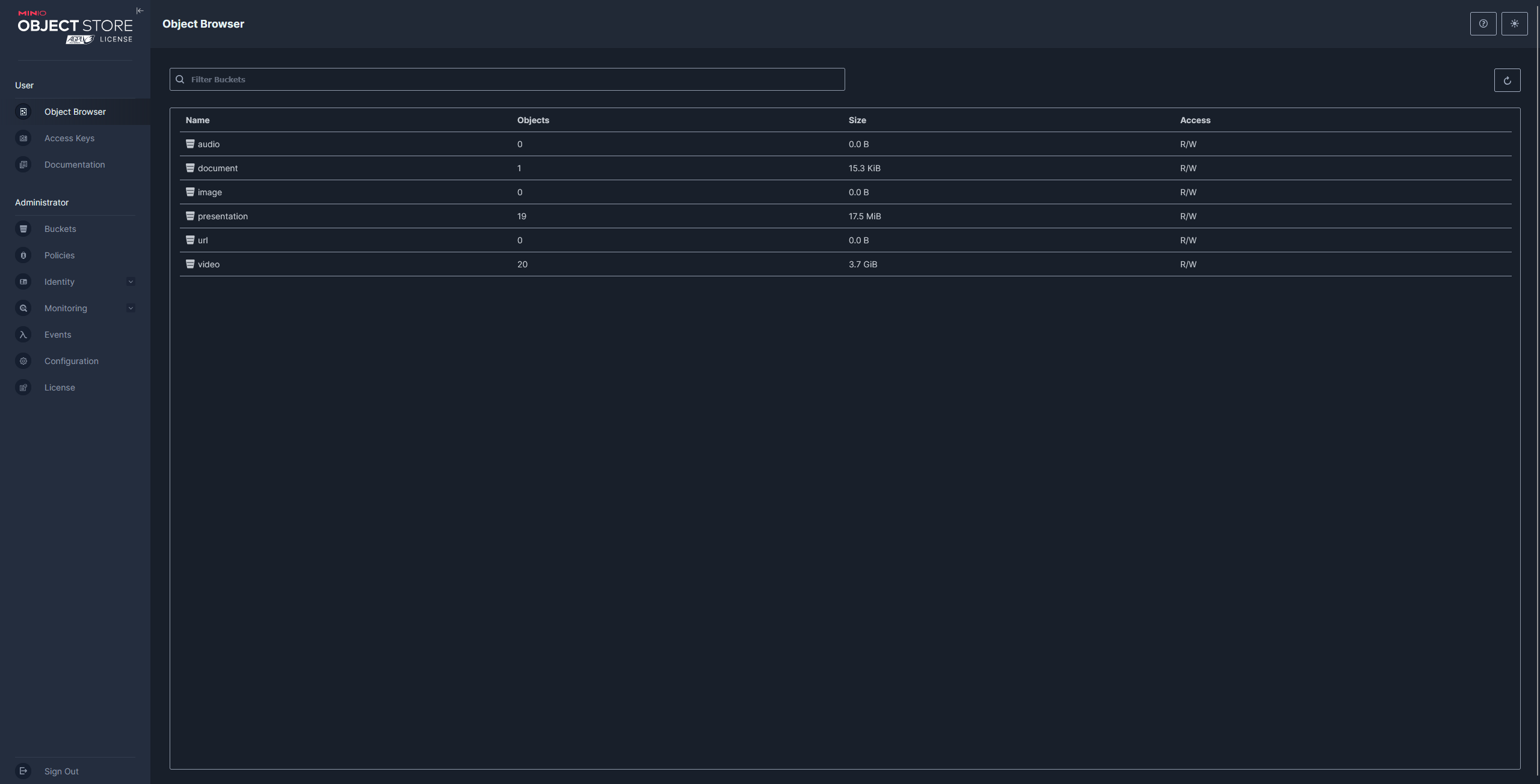Minio main page
